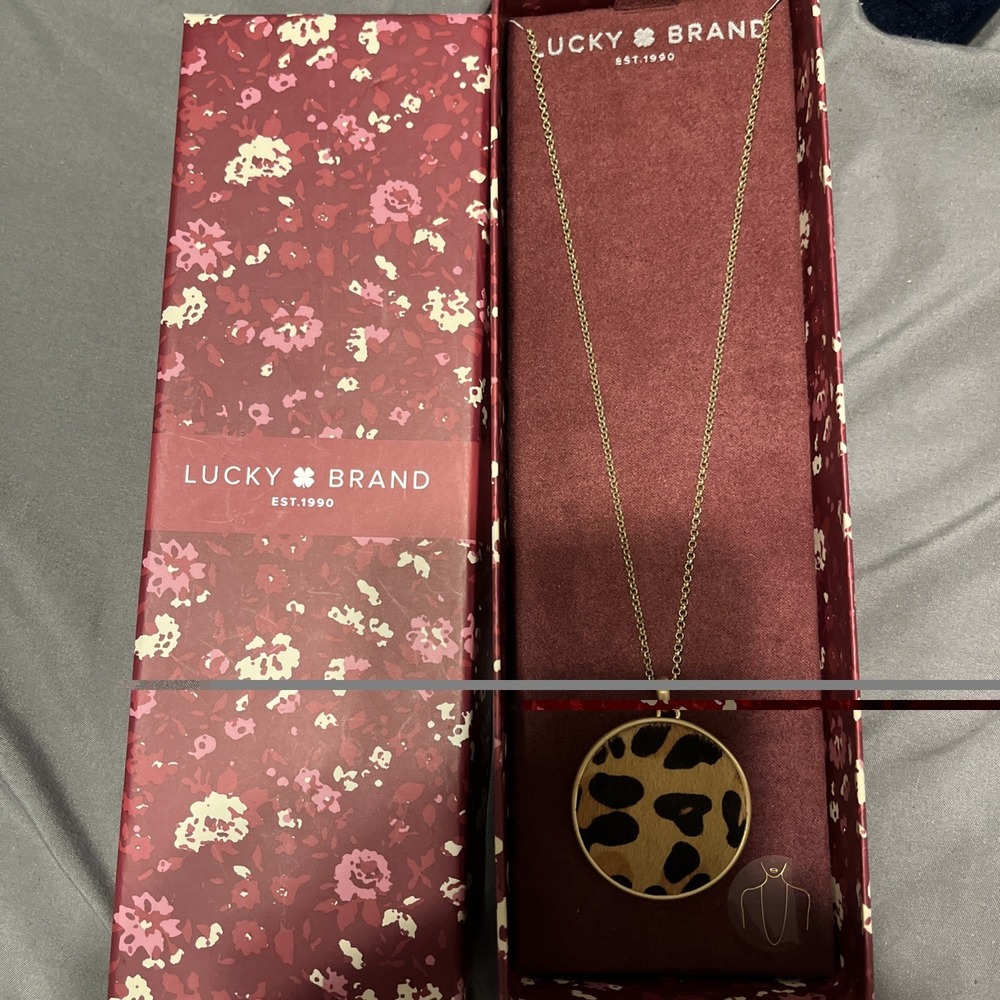 Lucky Brand gold tone  round disk linear pendant y necklace Leopard Print New